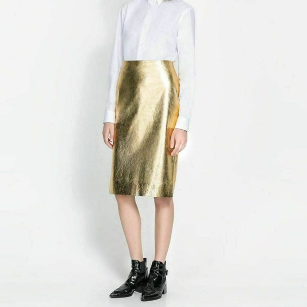 Zara // Gold Leather Pencil Skirt // Sz XS